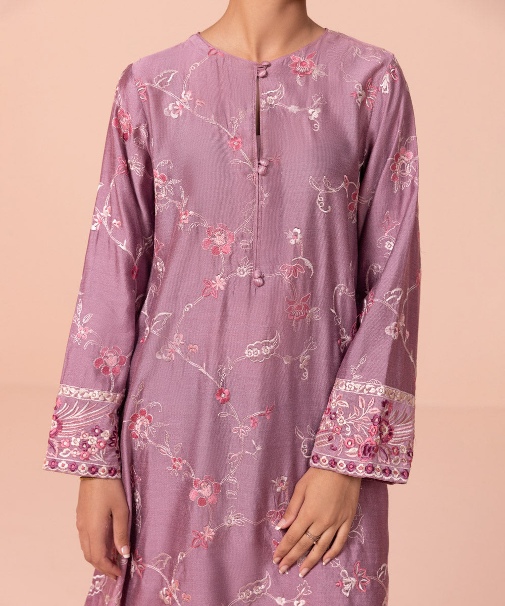 Women's Luxe Pret Silk Khaddi Net  Embroidered Pink Shirt