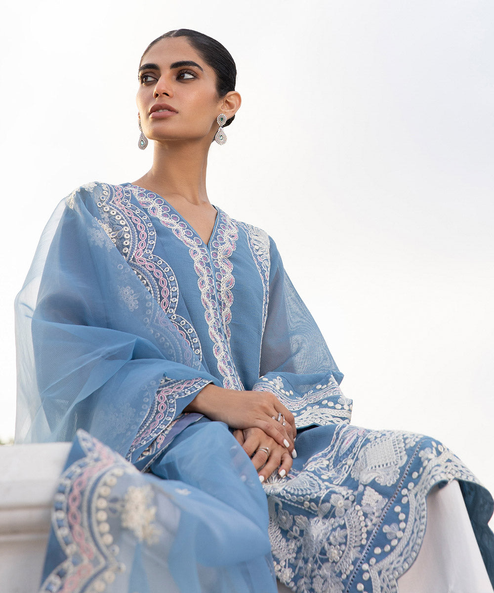 Women's Eid Pret Blended Karandi Dobby Embroidered Blue Straight Shirt