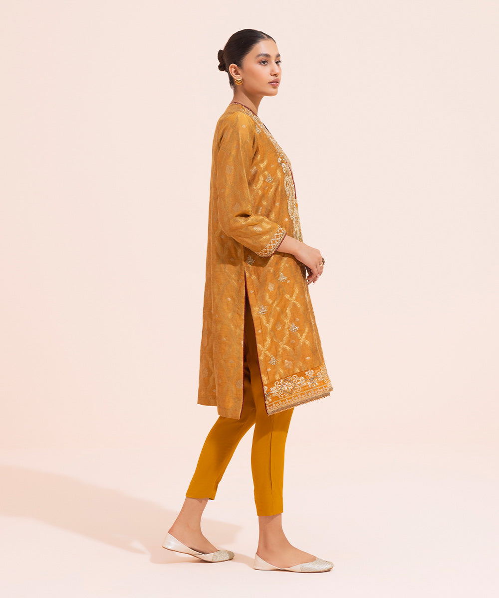 Women's Eid Pret Kota Jacquard Embroidered Brown Straight Shirt