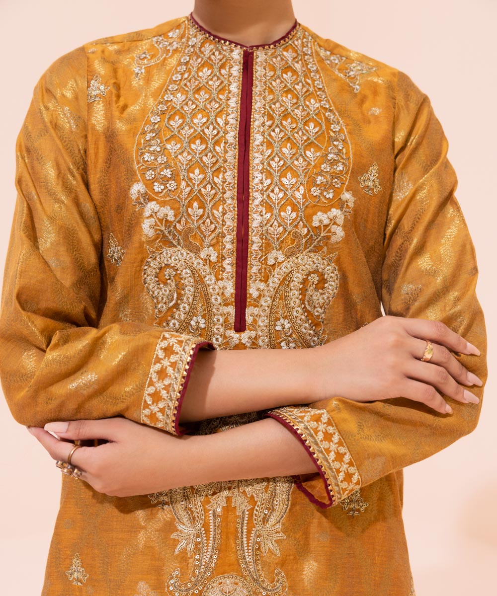 Women's Eid Pret Kota Jacquard Embroidered Brown Straight Shirt