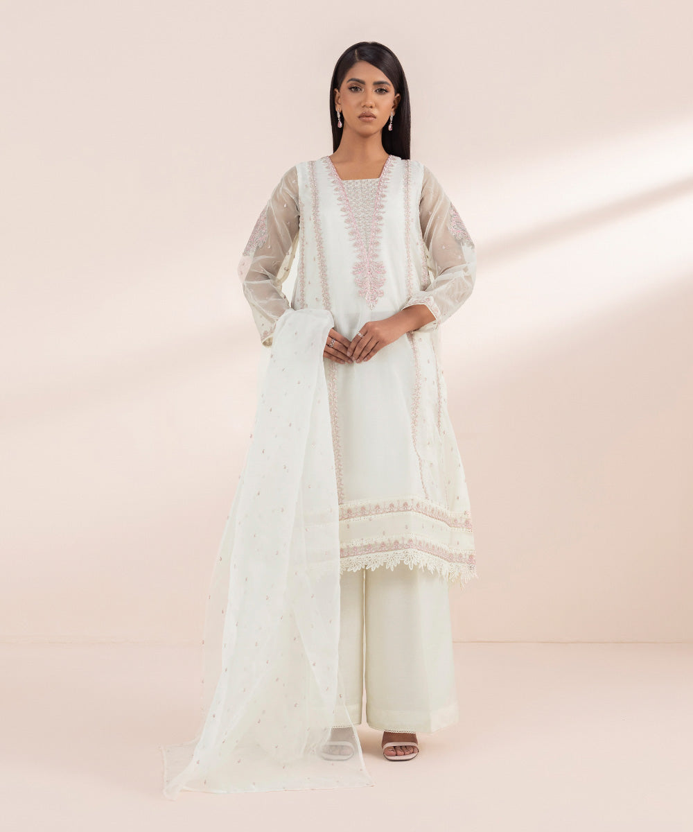Blended Organza Embroidered White Dupatta