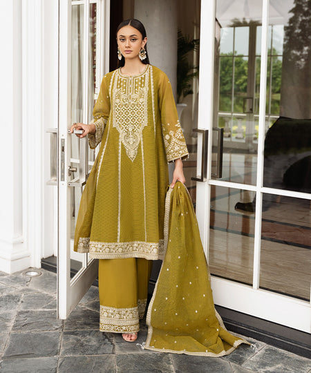 Women's Pret Blended Textured Karandi Green Embroidered Three Piece Suit