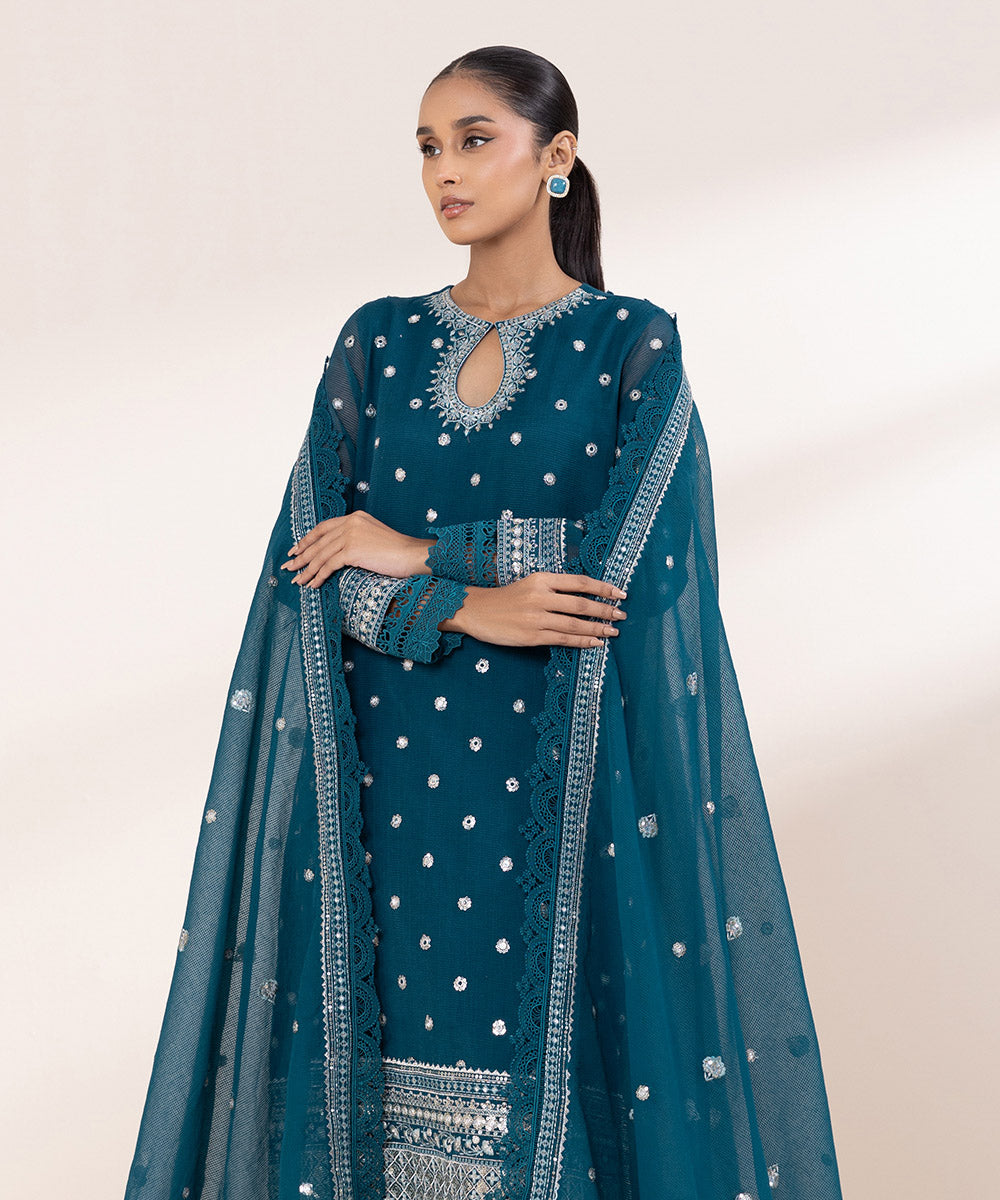 Women's Pret Blended Textured Karandi Blue Embroidered 3 Piece Suit