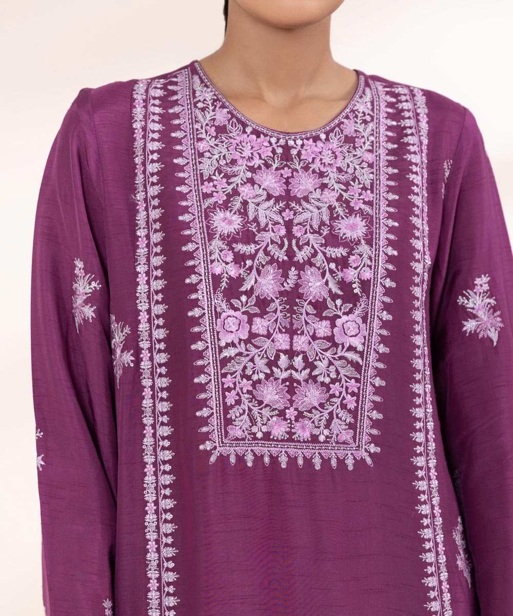 Women's Pret Raw Silk Purple Embroidered 3 Piece Suit