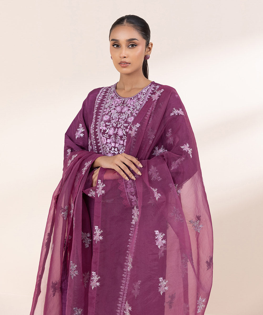 Women's Pret Raw Silk Purple Embroidered 3 Piece Suit