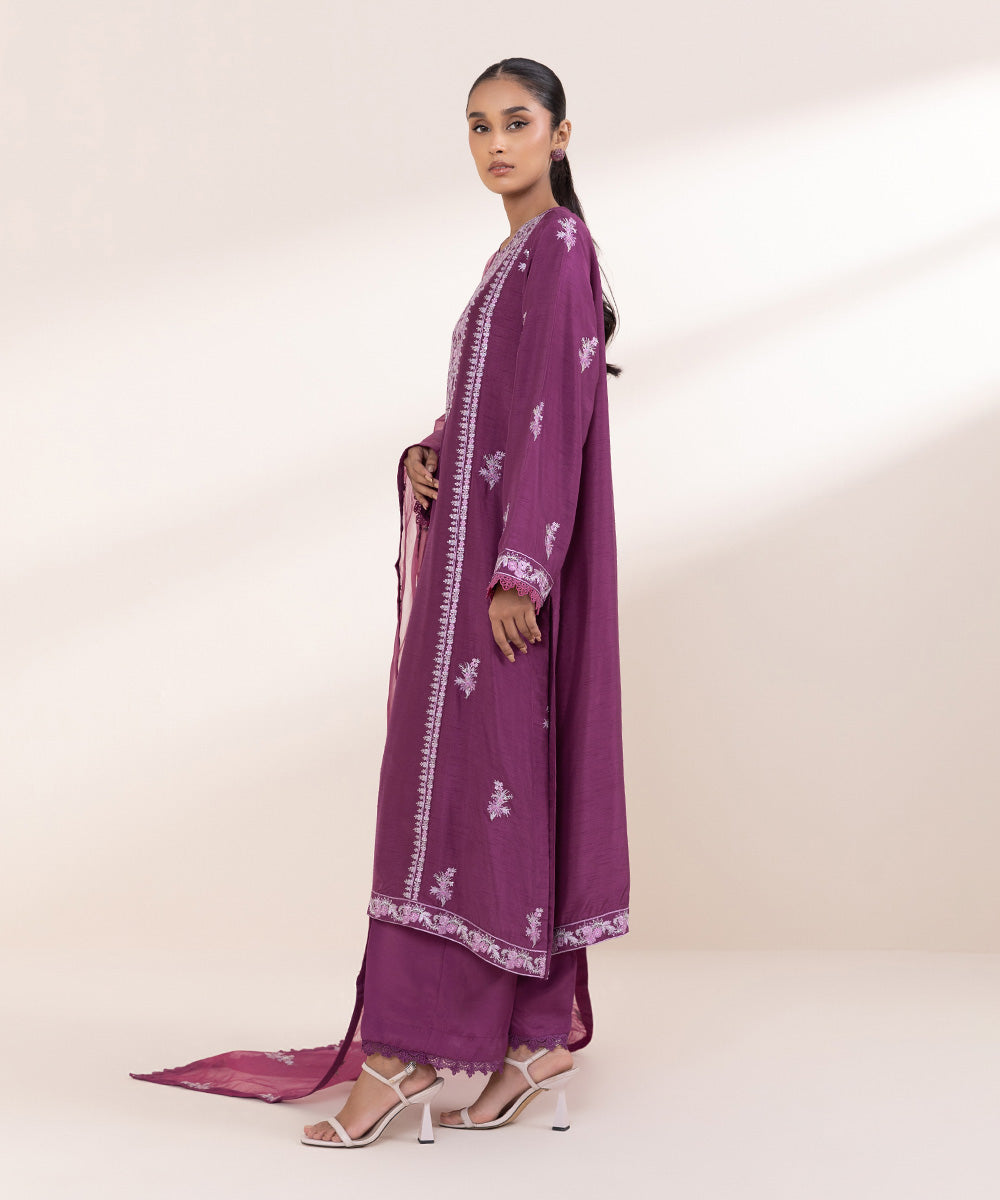 Women's Pret Raw Silk Purple Embroidered 3 Piece Suit