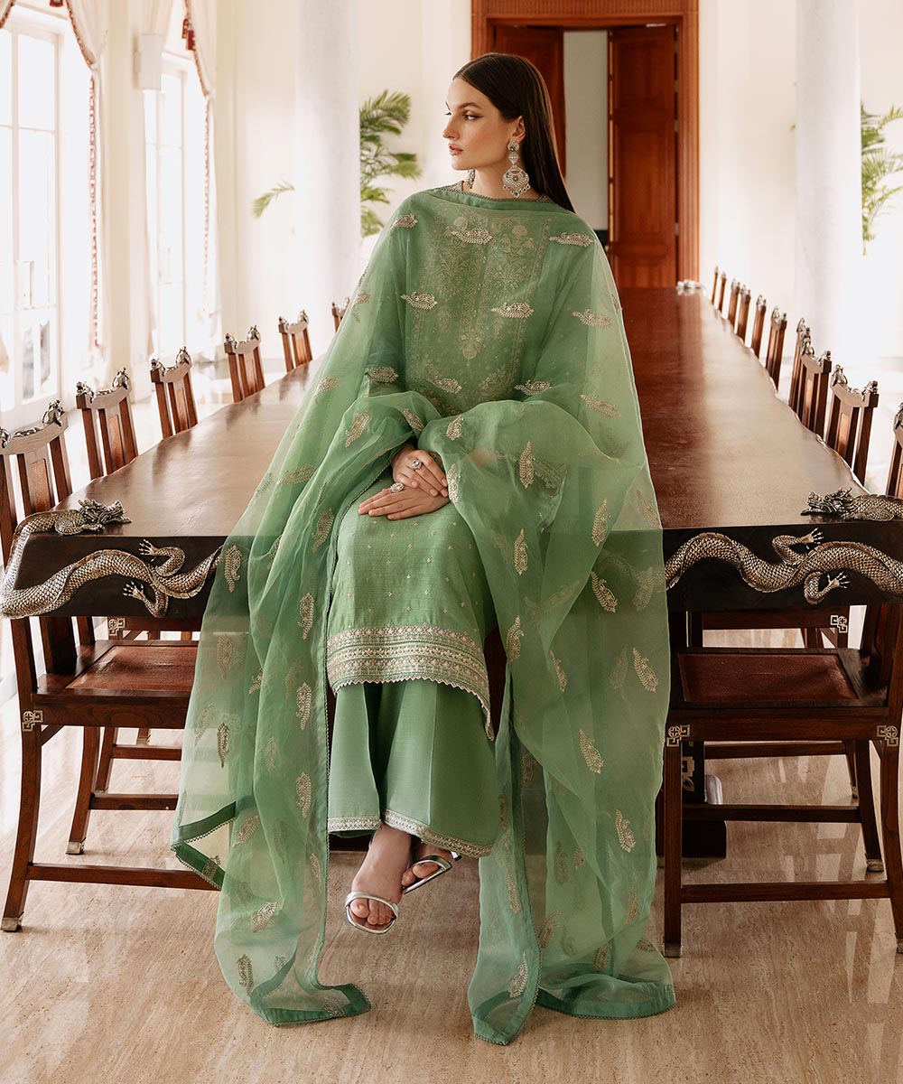 Women's Pret Raw Silk Green Embroidered Three Piece Suit