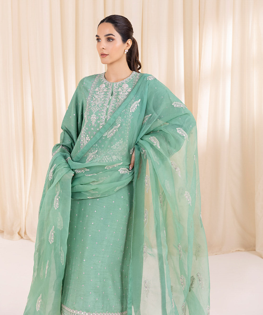 Women's Pret Raw Silk Green Embroidered Three Piece Suit