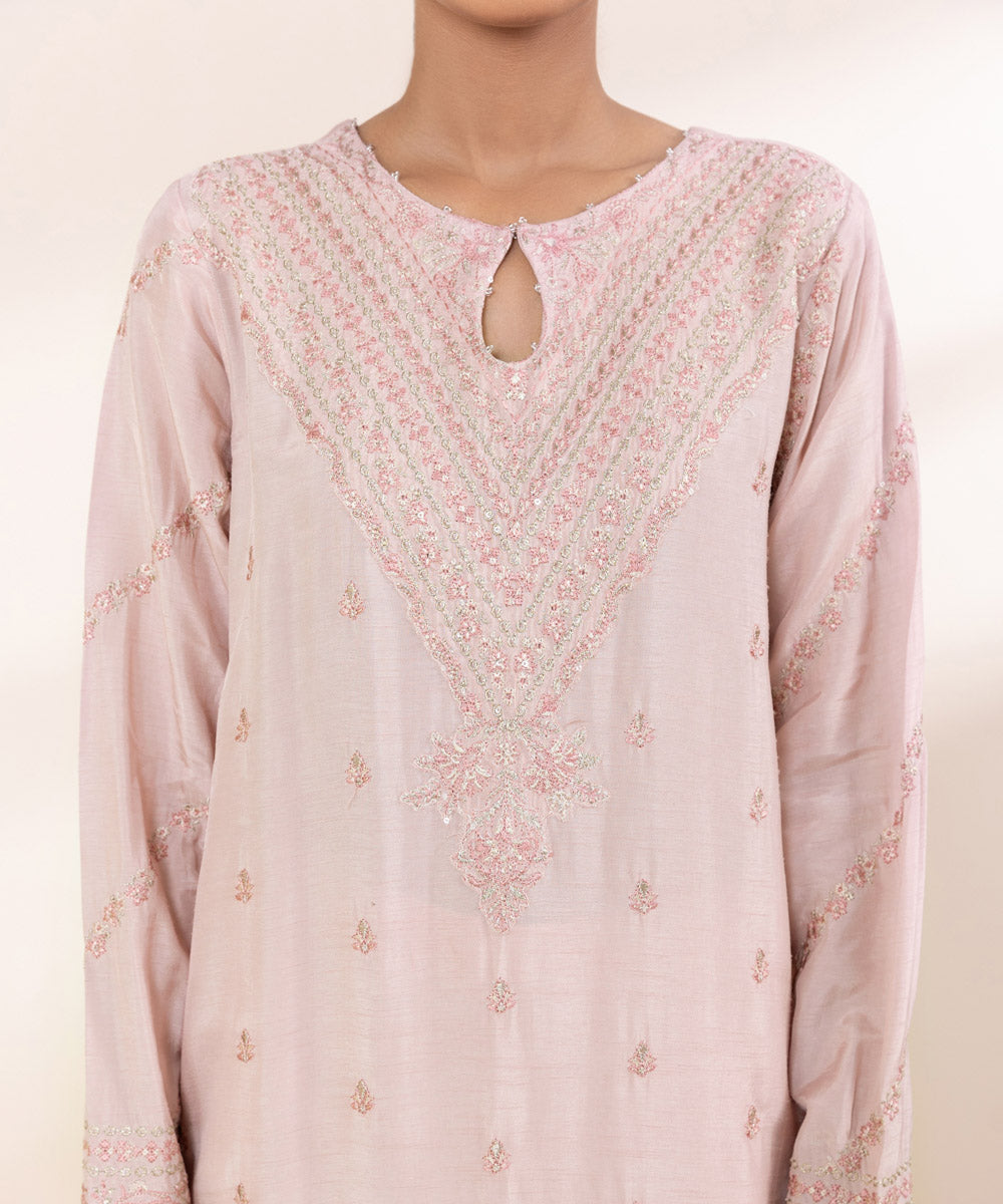 Women's Pret Raw Silk Pink Embroidered 3 Piece Suit