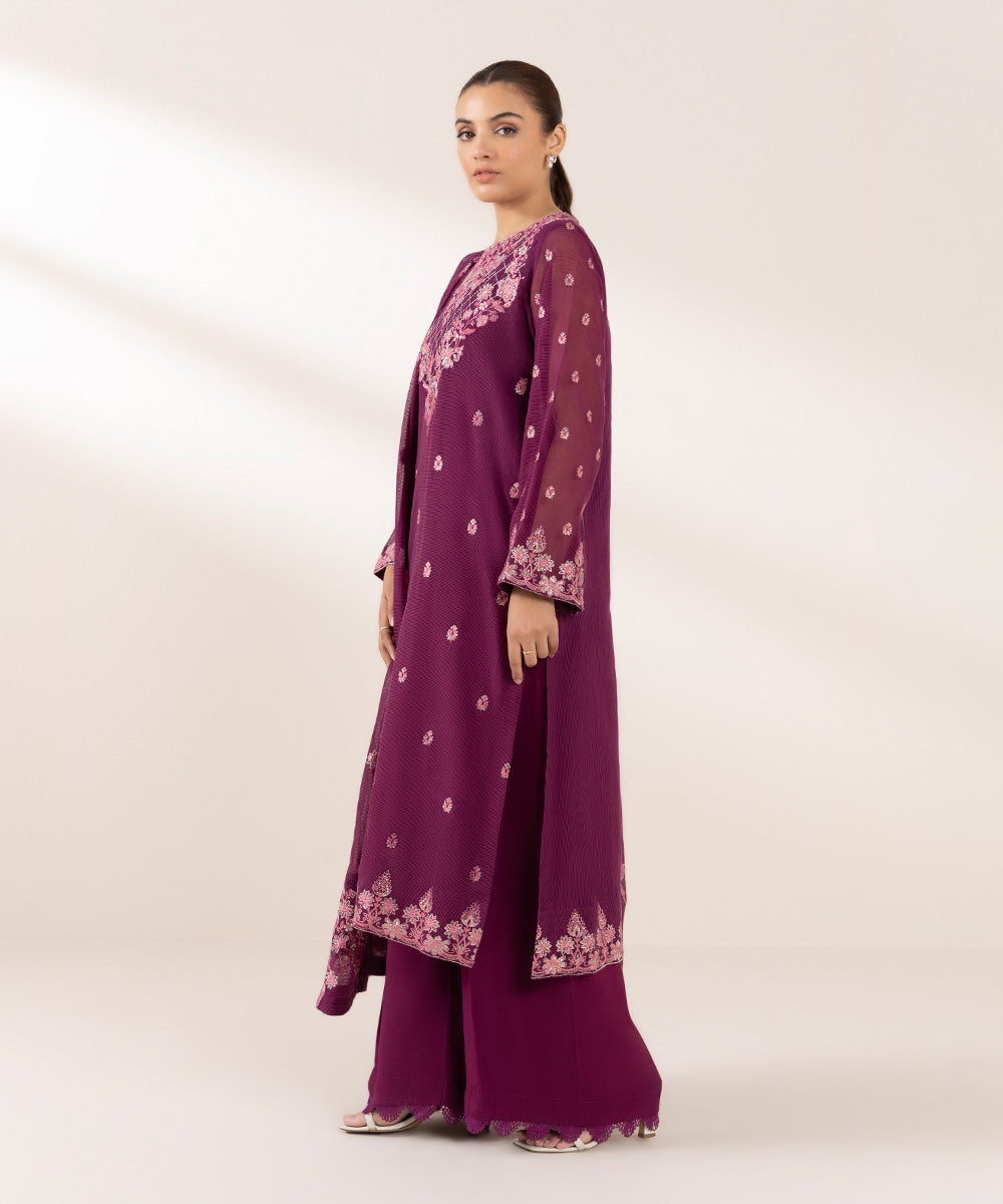 Women's Pret Blended Textured Karandi Purple Embroidered 3 Piece Suit