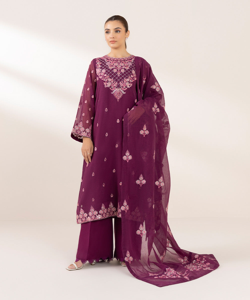 Women's Pret Blended Textured Karandi Purple Embroidered 3 Piece Suit