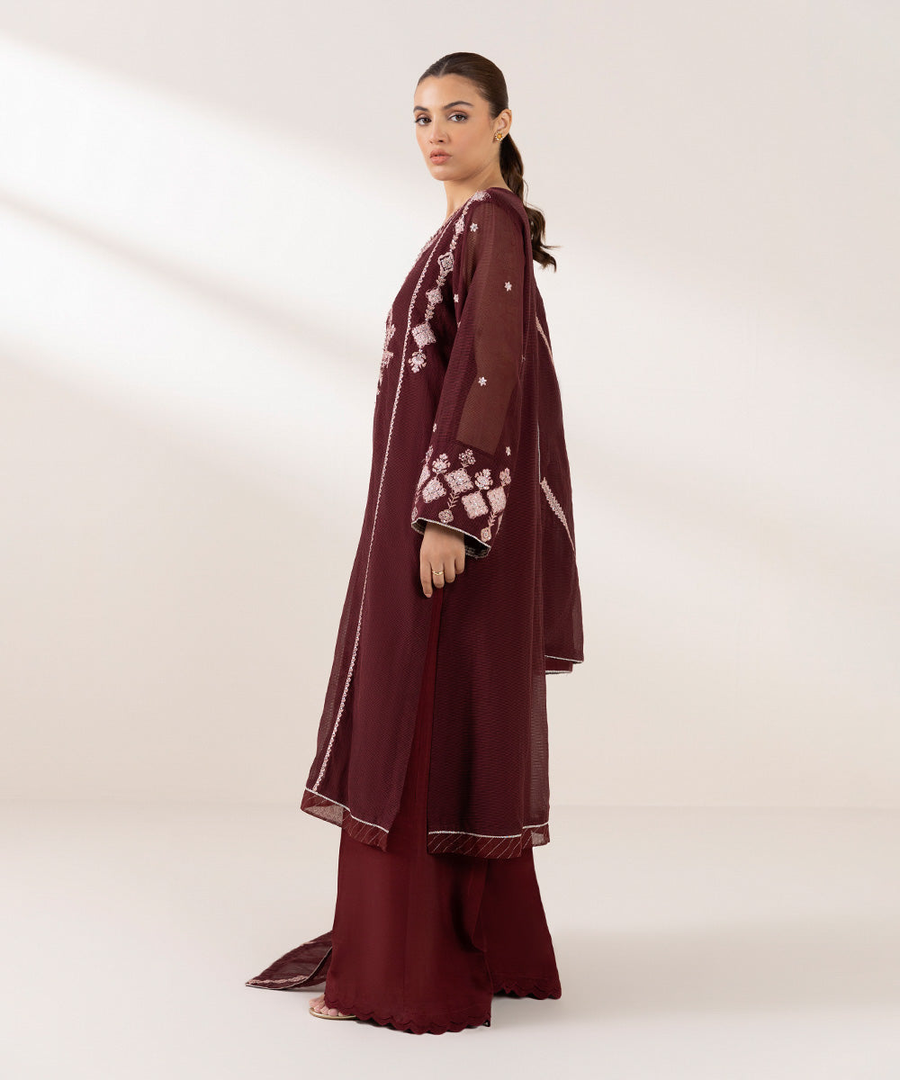 Women's Pret Solid Embroidered Mahogany Blended Textured Karandi Three Piece Suit