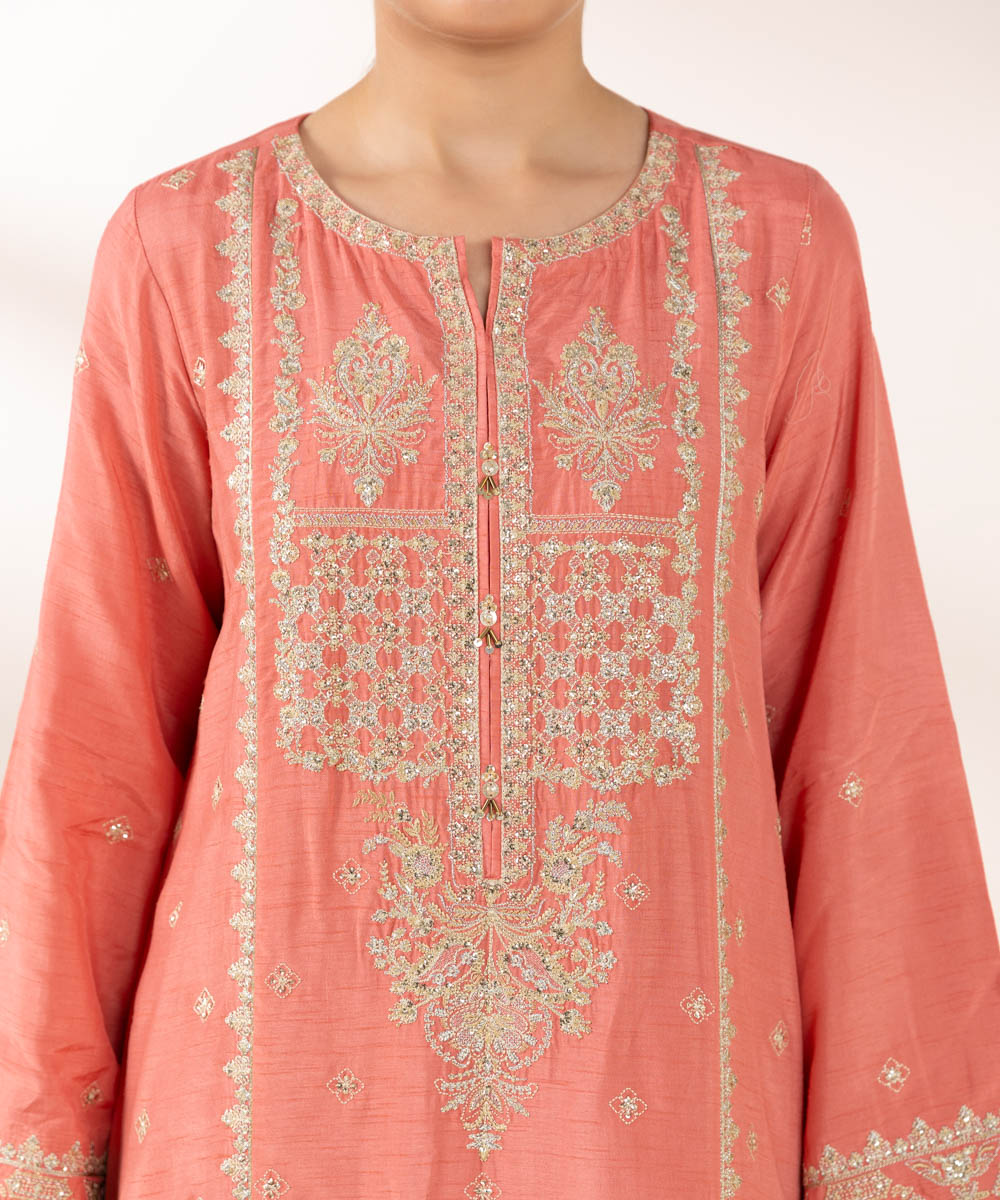 Women's Pret PK Raw Silk Pink Embroidered 3 Piece Suit