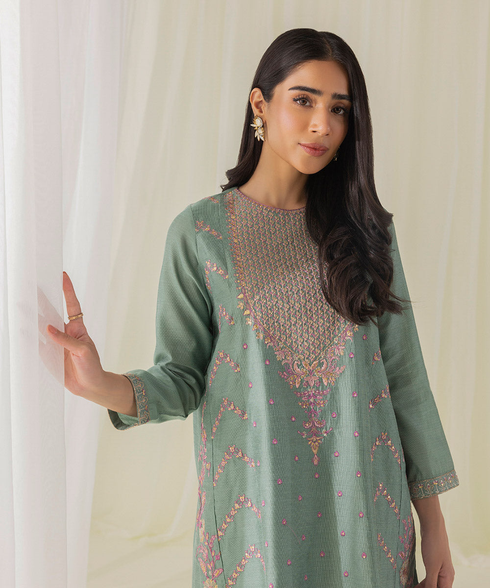 Women's Eid Pret Cotton Net Embroidered Green 2 Piece Suit