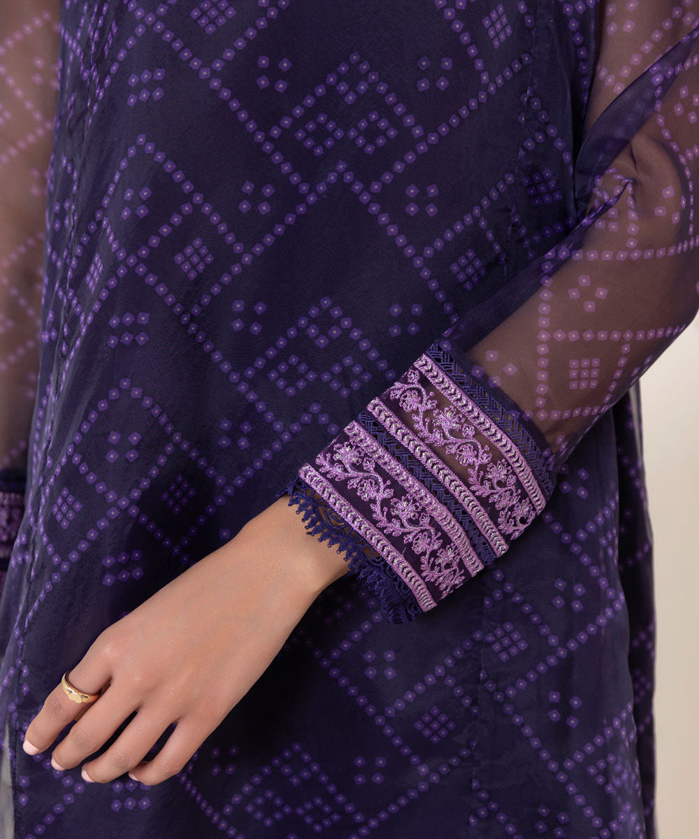 Women's Pret Blended Organza Printed Purple 3 Piece Suit
