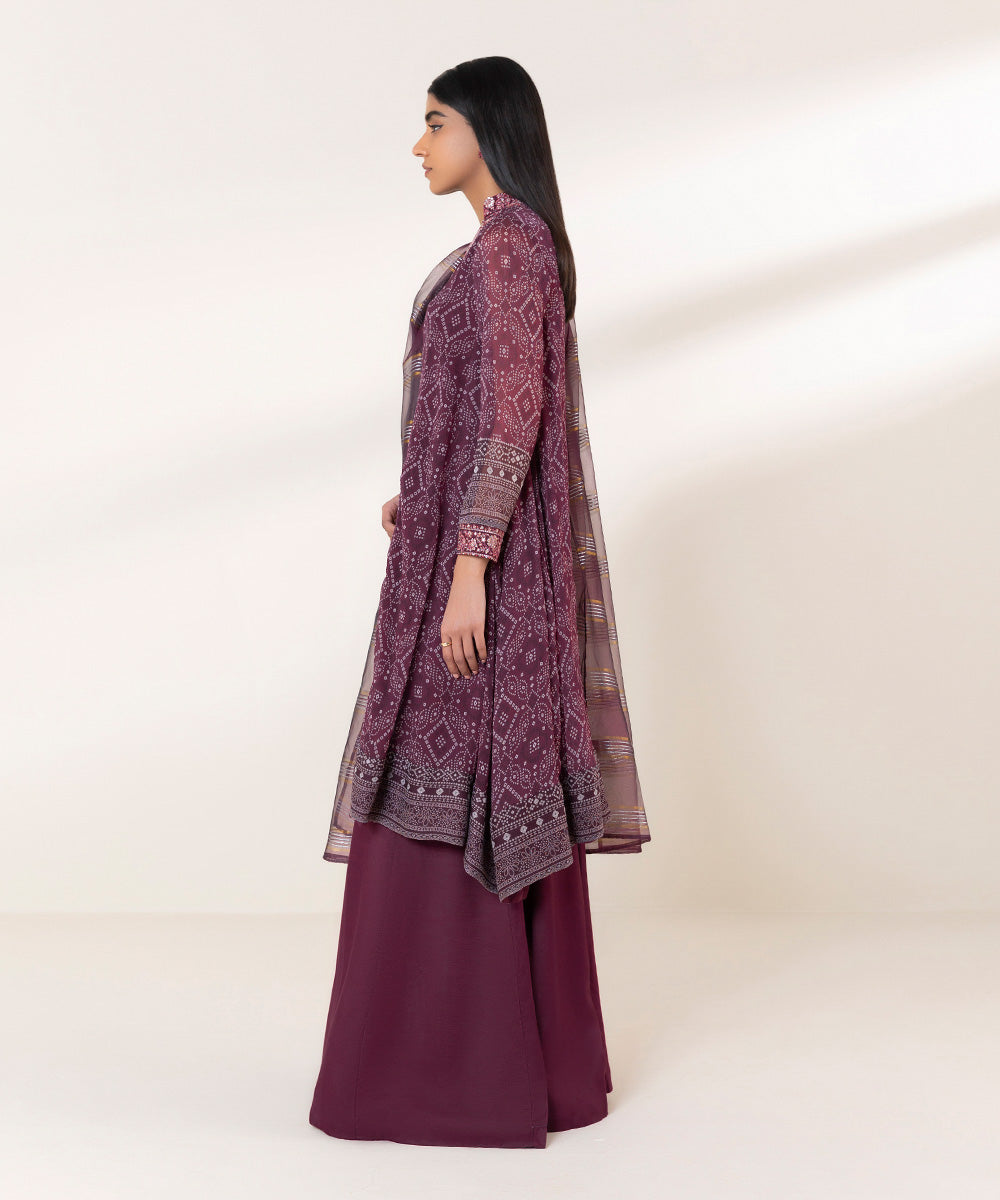Women's Pret Blended Chiffon Printed Purple 3 Piece Suit