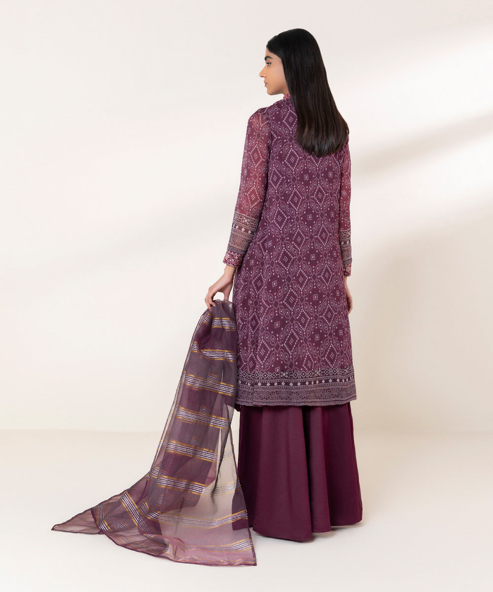 Women's Pret Blended Chiffon Printed Purple 3 Piece Suit