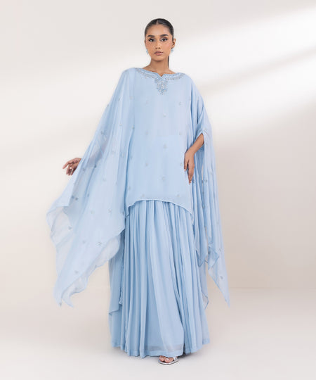 Women's Pret Bemberg Georgette Chiffon Embroidered Blue 2 Piece Suit