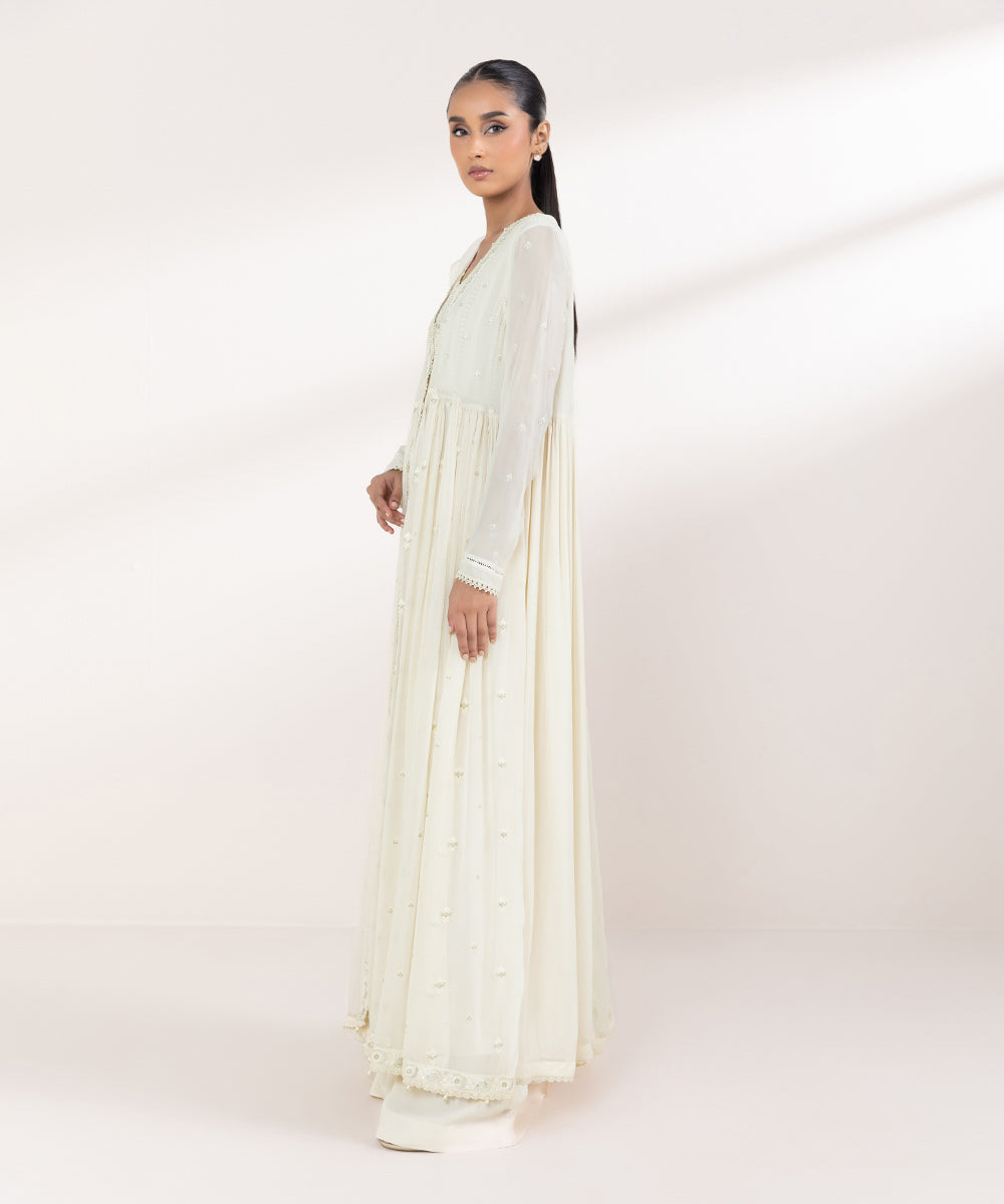 Women's Pret Bemberg Georgette Chiffon Embroidered Off White 3 Piece Suit