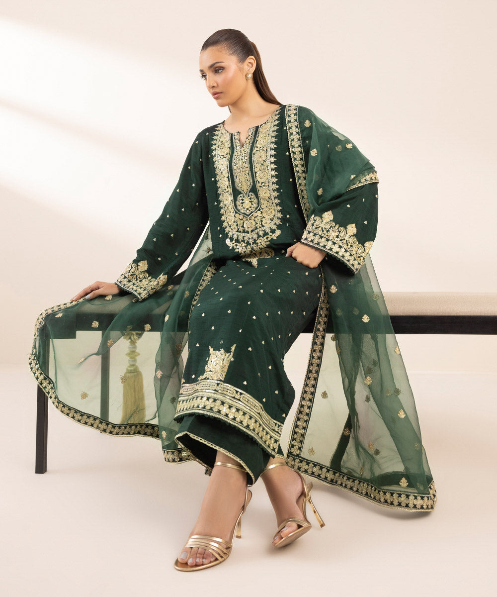 Women's Pret Blended Organza Green Embroidered 3 Piece Suit