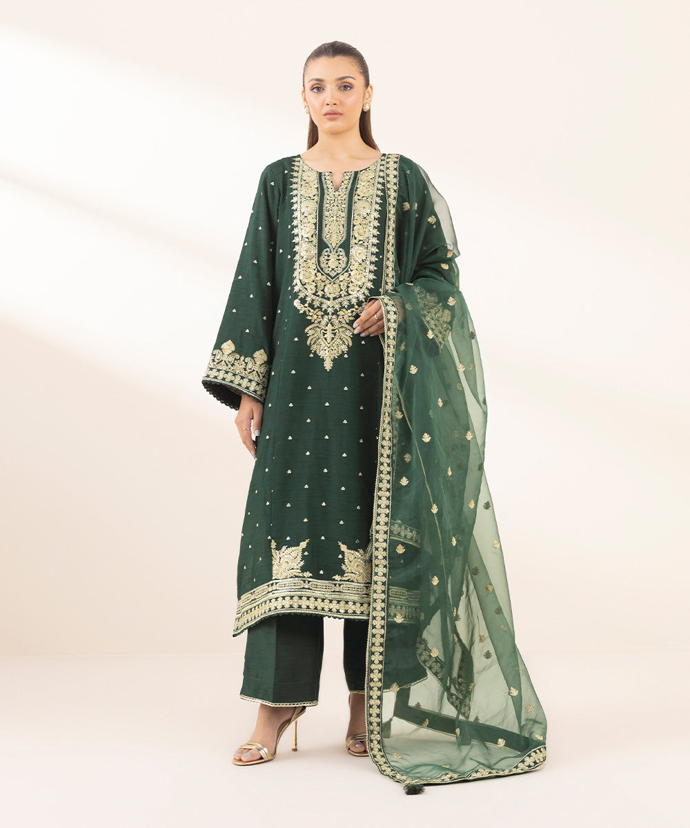 Women's Pret Blended Organza Green Embroidered 3 Piece Suit