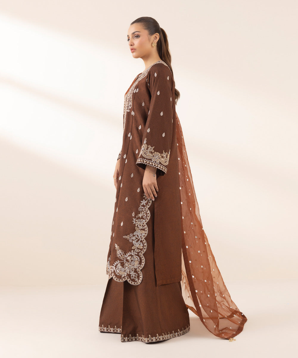 Women's Pret Blended Organza Brown Embroidered 3 Piece Suit