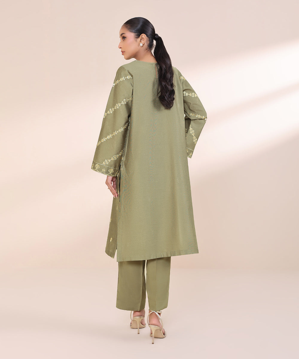 Women's Pret Silk Cotton Net Embroidered Green 2 Piece Suit