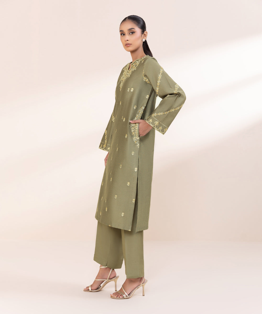 Women's Pret Silk Cotton Net Embroidered Green 2 Piece Suit