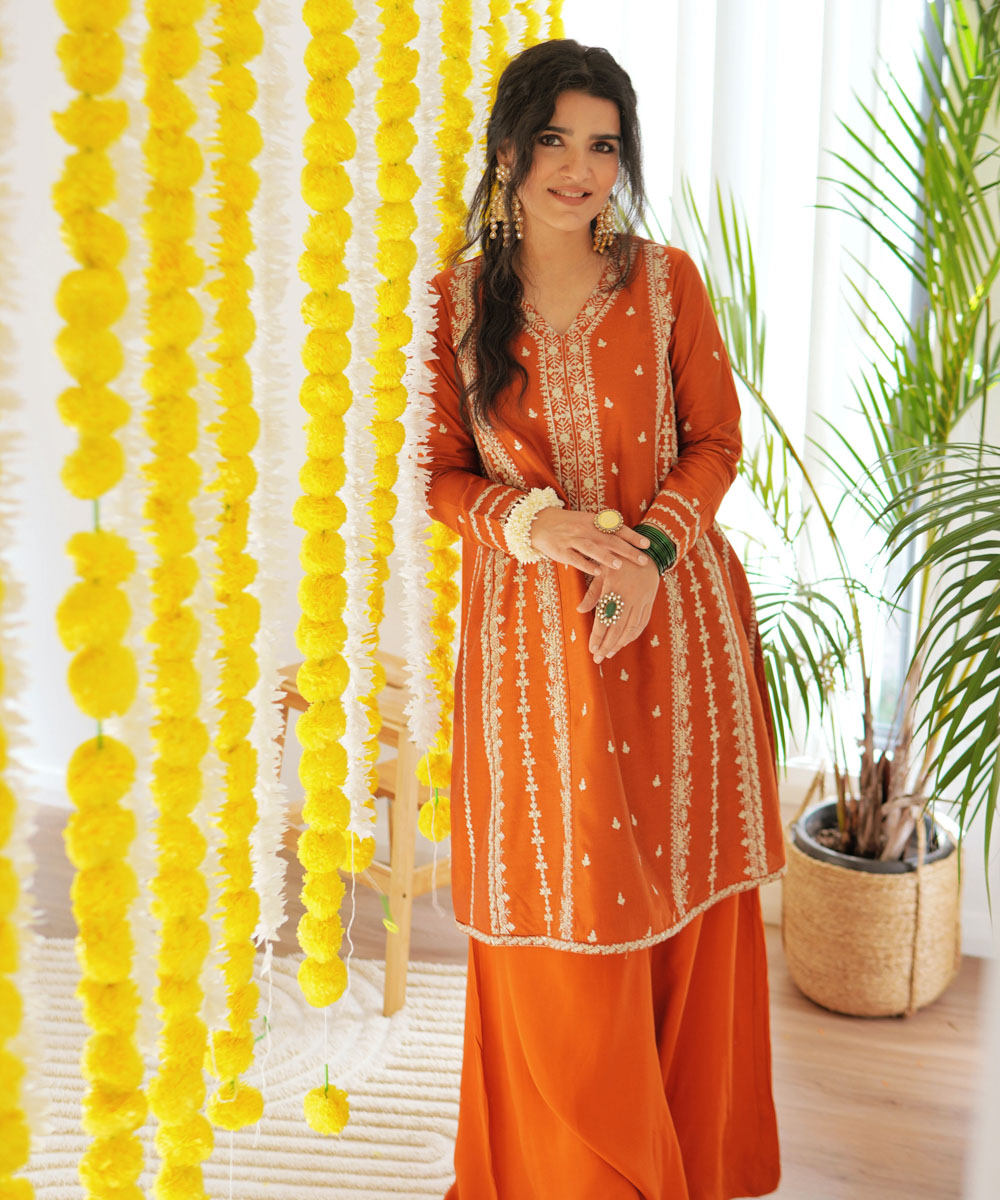 Women's Pret Silk Cotton Net Embroidered Orange 2 Piece Suit