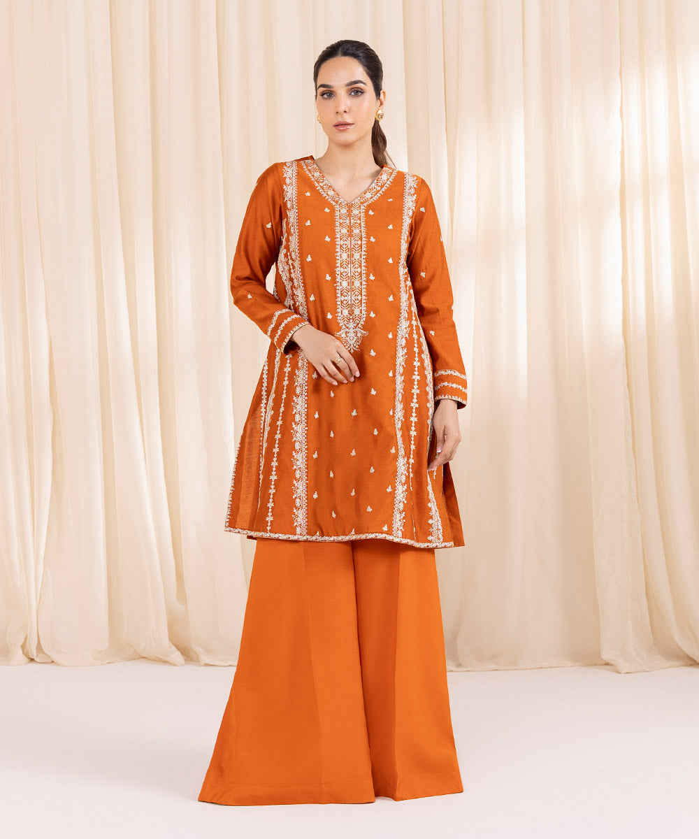 Women's Pret Silk Cotton Net Embroidered Orange 2 Piece Suit