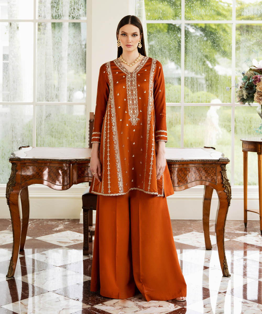 Women's Pret Silk Cotton Net Embroidered Orange 2 Piece Suit