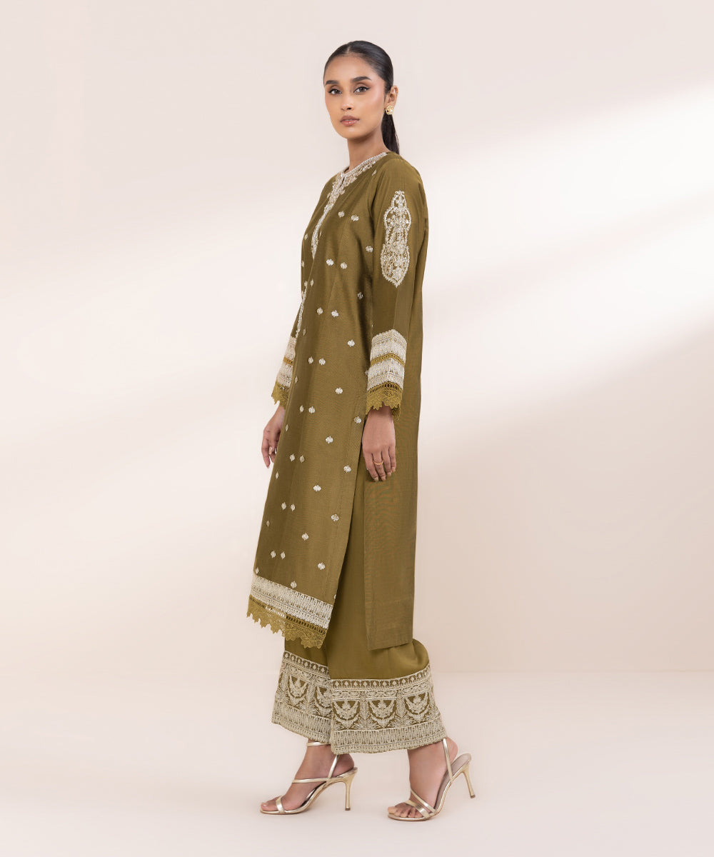 Women's Pret Silk Cotton Net Embroidered Brown 2 Piece Suit