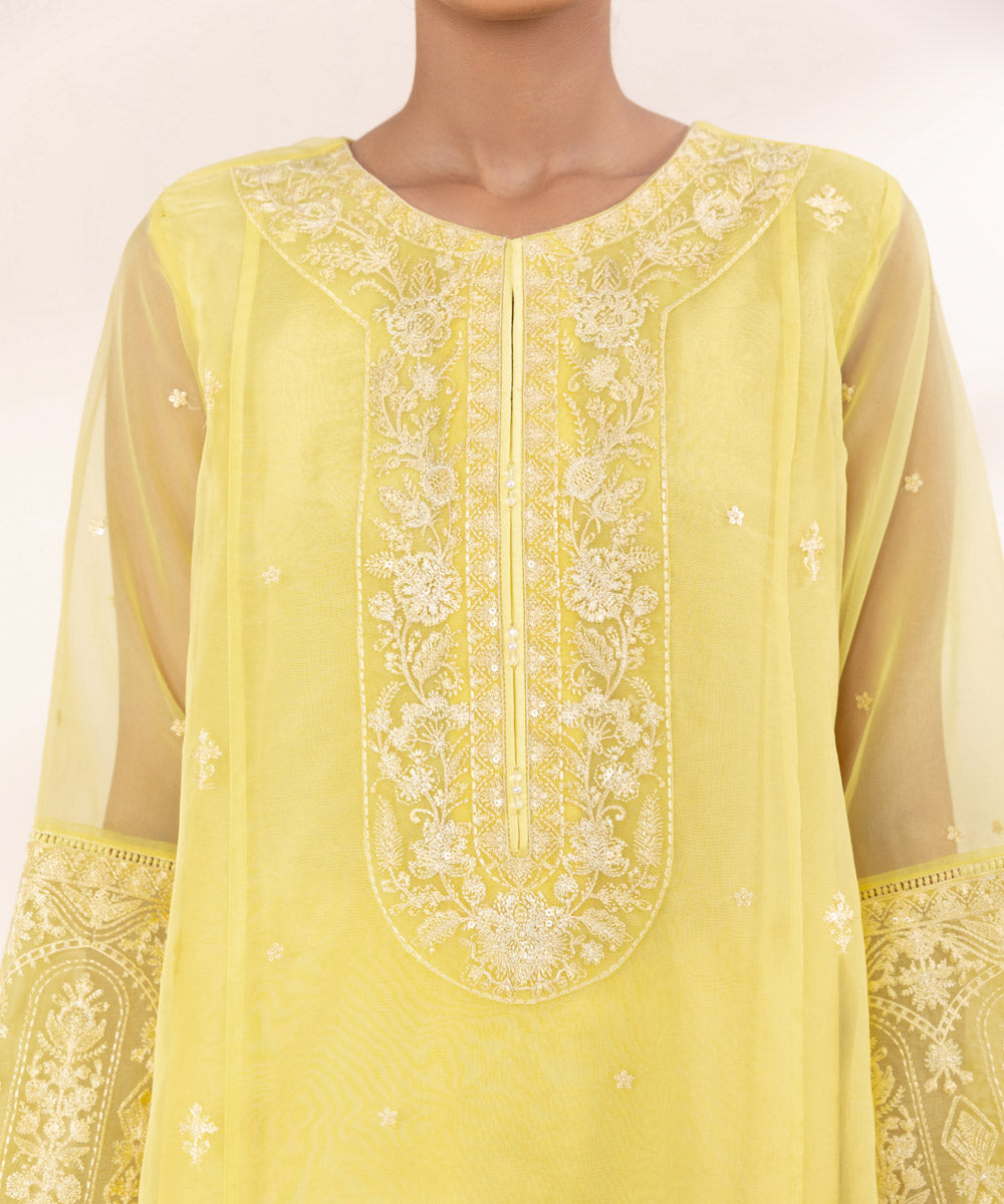 Women's Pret Blended Organza Yellow Embroidered 3 Piece Suit