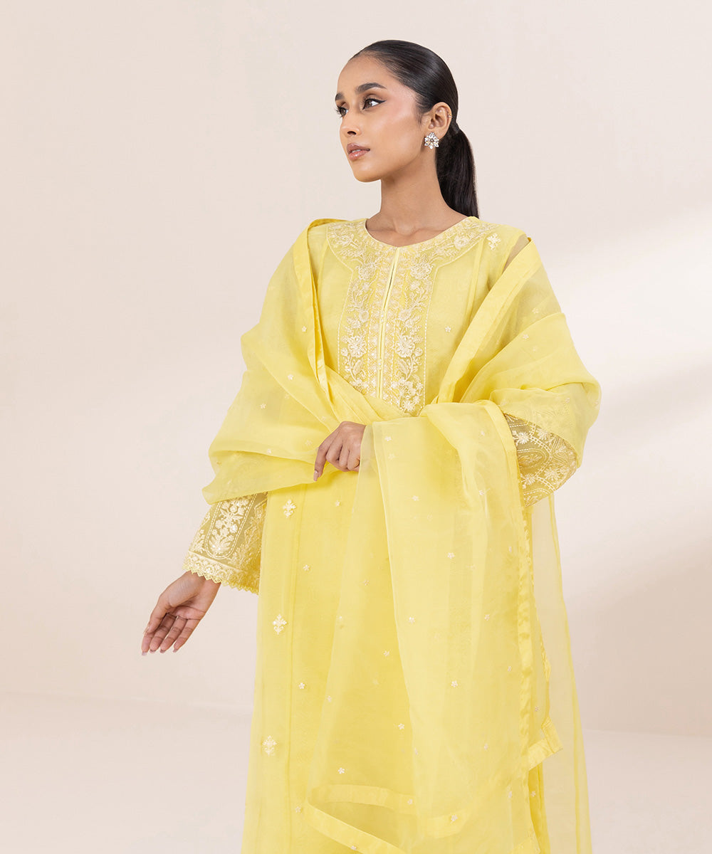 Women's Pret Blended Organza Yellow Embroidered 3 Piece Suit