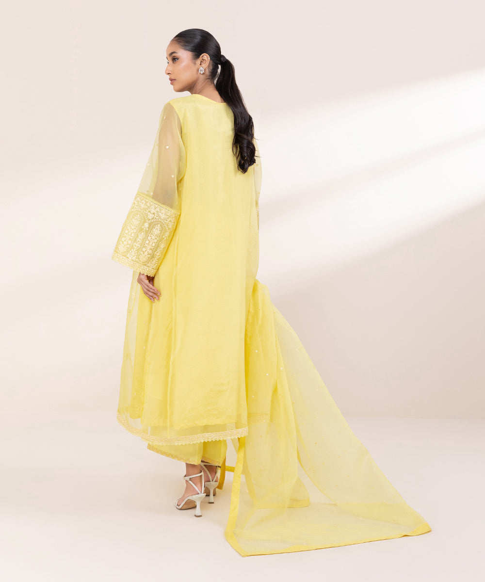 Women's Pret Blended Organza Yellow Embroidered 3 Piece Suit