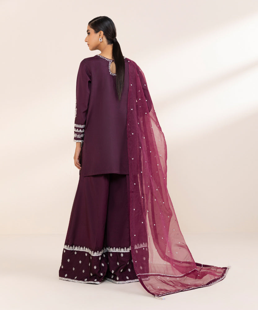 Women's Pret Wine Purple 3 Piece Embroidered Raw Silk Suit