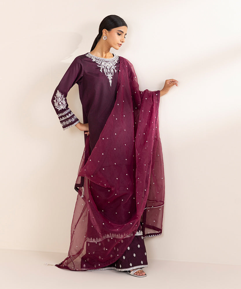 Women's Pret Wine Purple 3 Piece Embroidered Raw Silk Suit