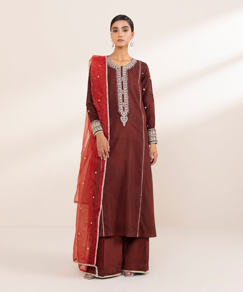 Women's Pret Maroon 3 Piece Embroidered Raw Silk Suit