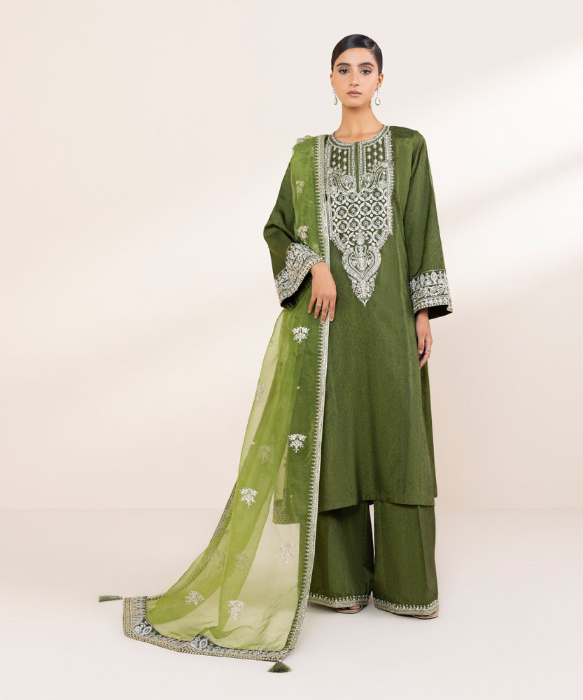 Women's Pret Grass Green 3 Piece Embroidered Raw Silk Suit