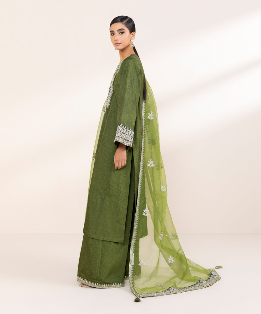 Women's Pret Grass Green 3 Piece Embroidered Raw Silk Suit