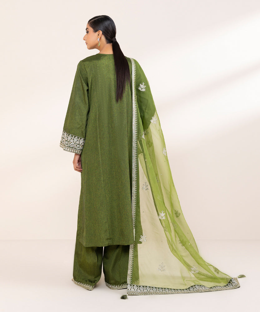 Women's Pret Grass Green 3 Piece Embroidered Raw Silk Suit