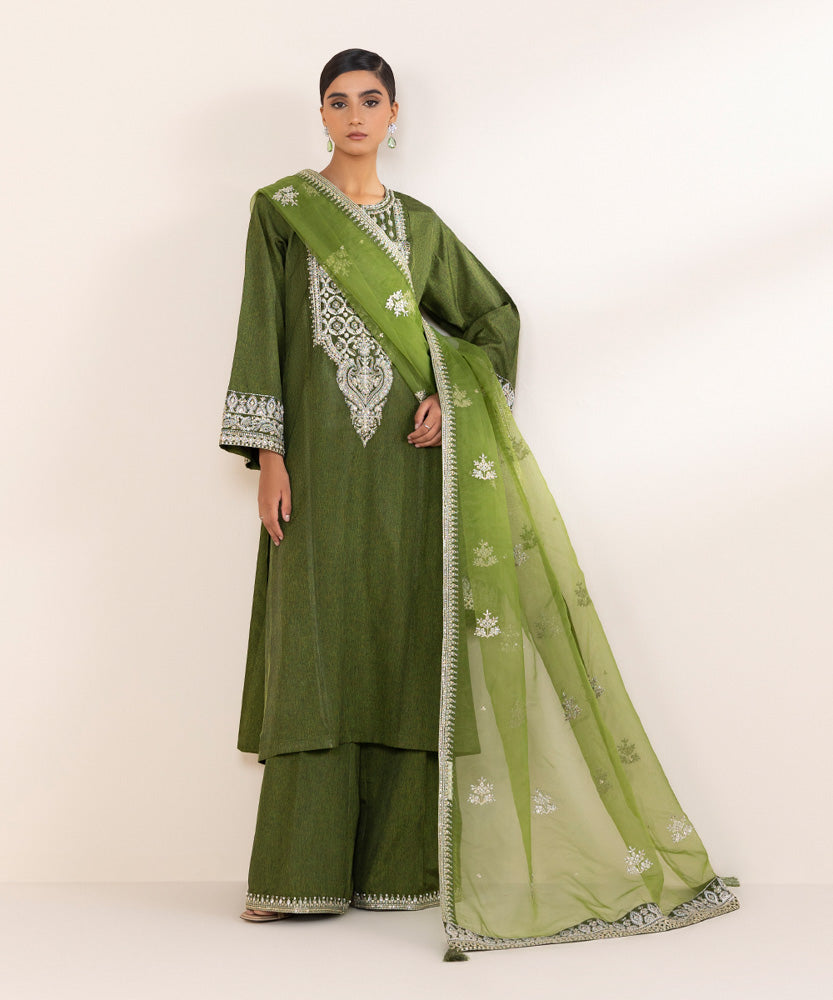 Women's Pret Grass Green 3 Piece Embroidered Raw Silk Suit