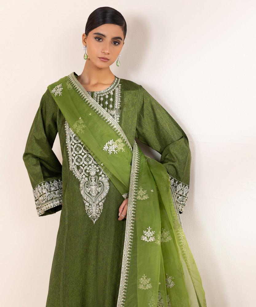 Women's Pret Grass Green 3 Piece Embroidered Raw Silk Suit