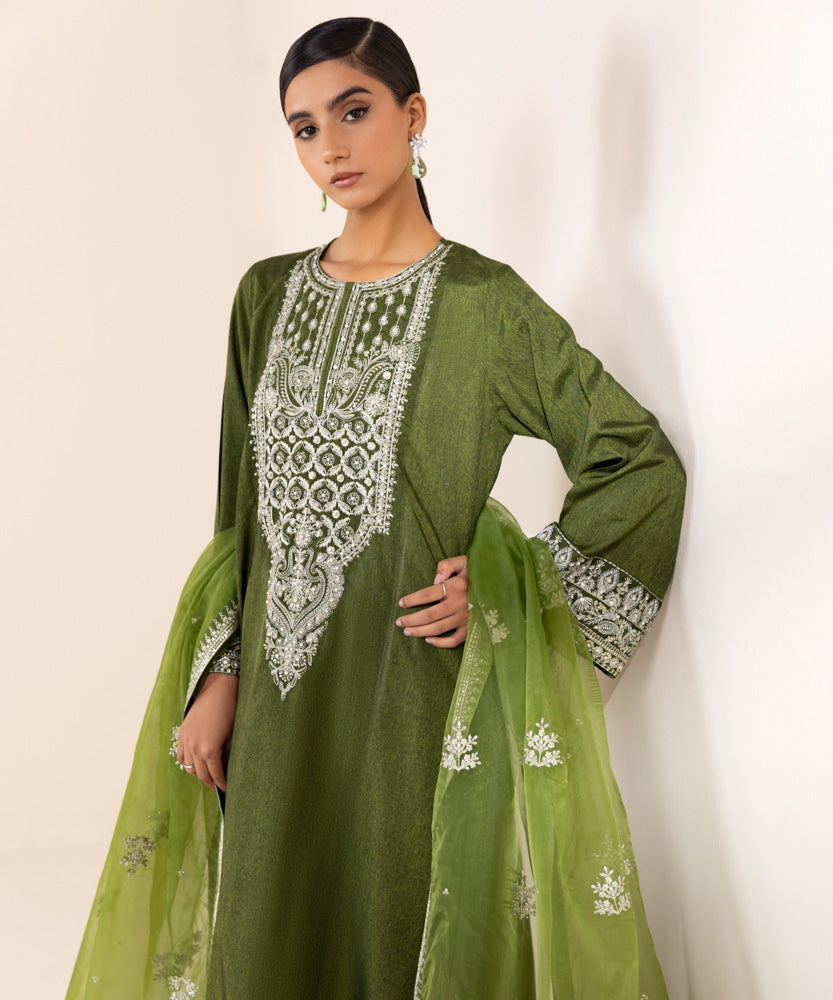 Women's Pret Grass Green 3 Piece Embroidered Raw Silk Suit