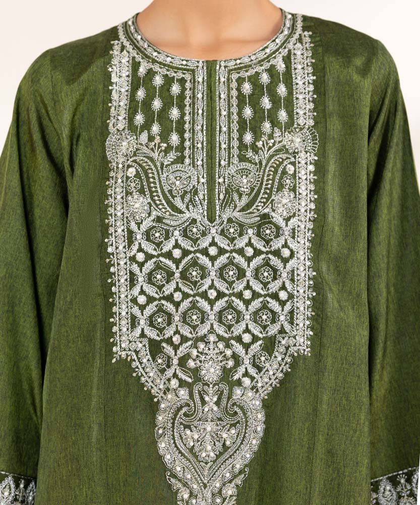 Women's Pret Grass Green 3 Piece Embroidered Raw Silk Suit