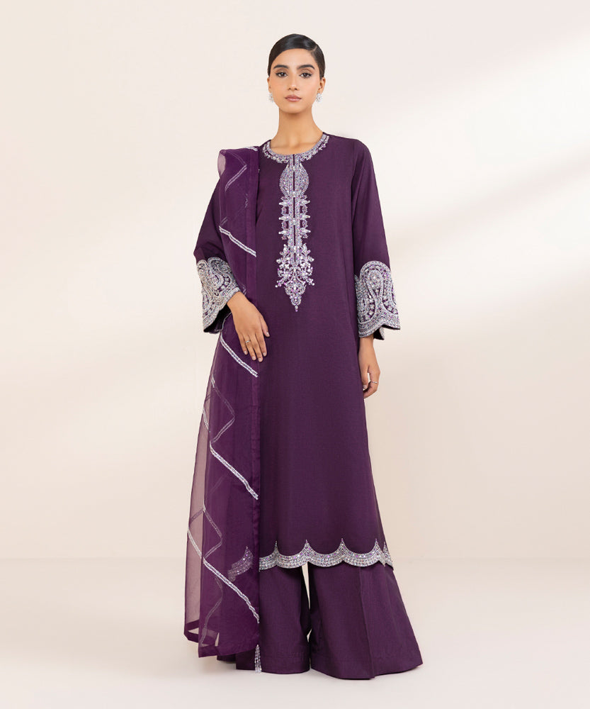 Women's Pret Deep Purple 3 Piece Embroidered Raw Silk Suit