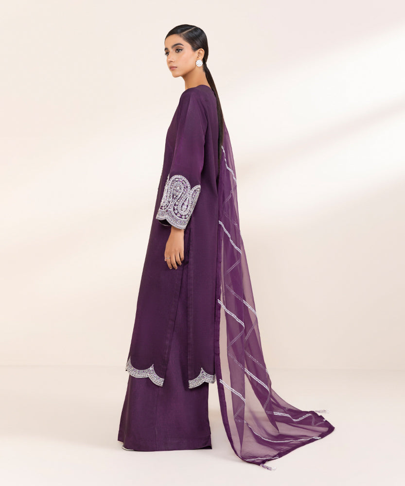 Women's Pret Deep Purple 3 Piece Embroidered Raw Silk Suit