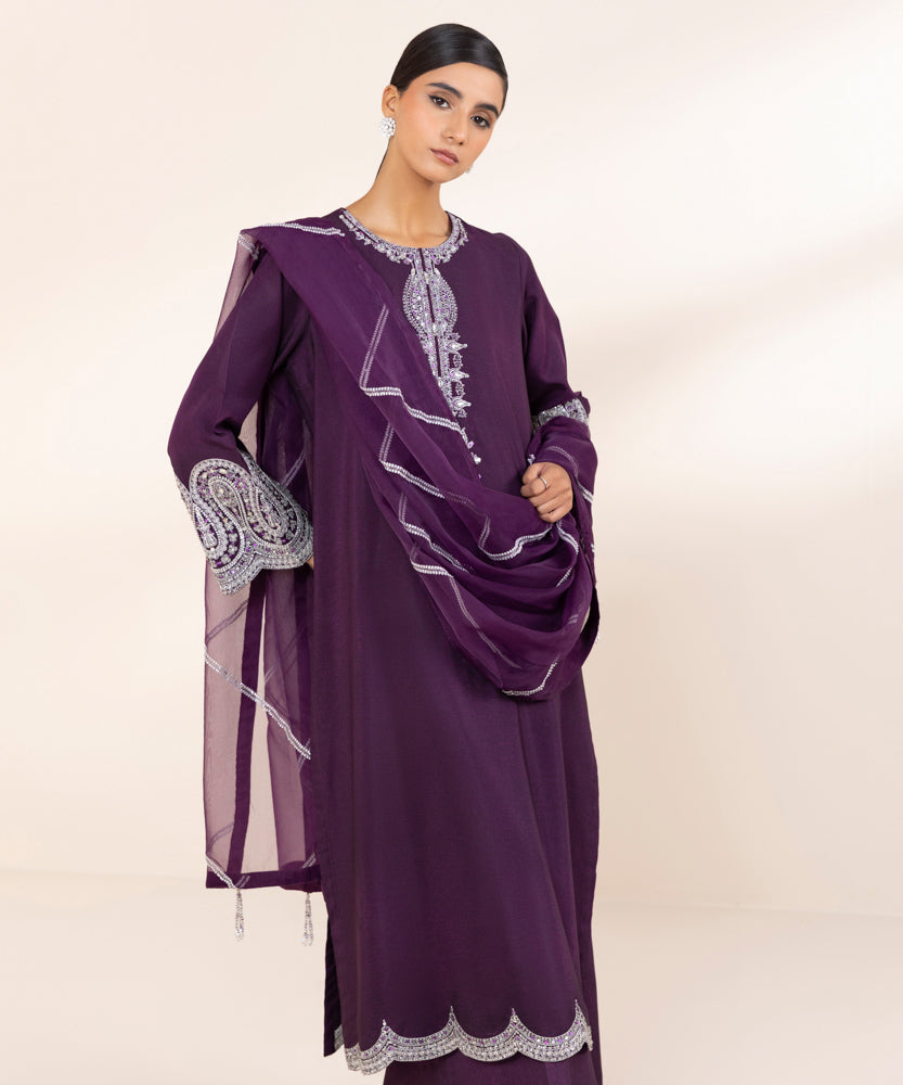 Women's Pret Deep Purple 3 Piece Embroidered Raw Silk Suit