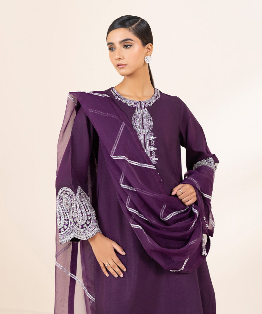 Women's Pret Deep Purple 3 Piece Embroidered Raw Silk Suit