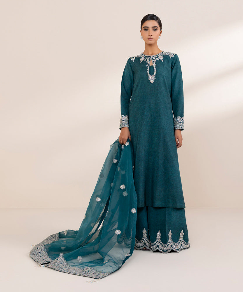 Women's Pret Teal 3 Piece Embroidered Raw Silk Suit